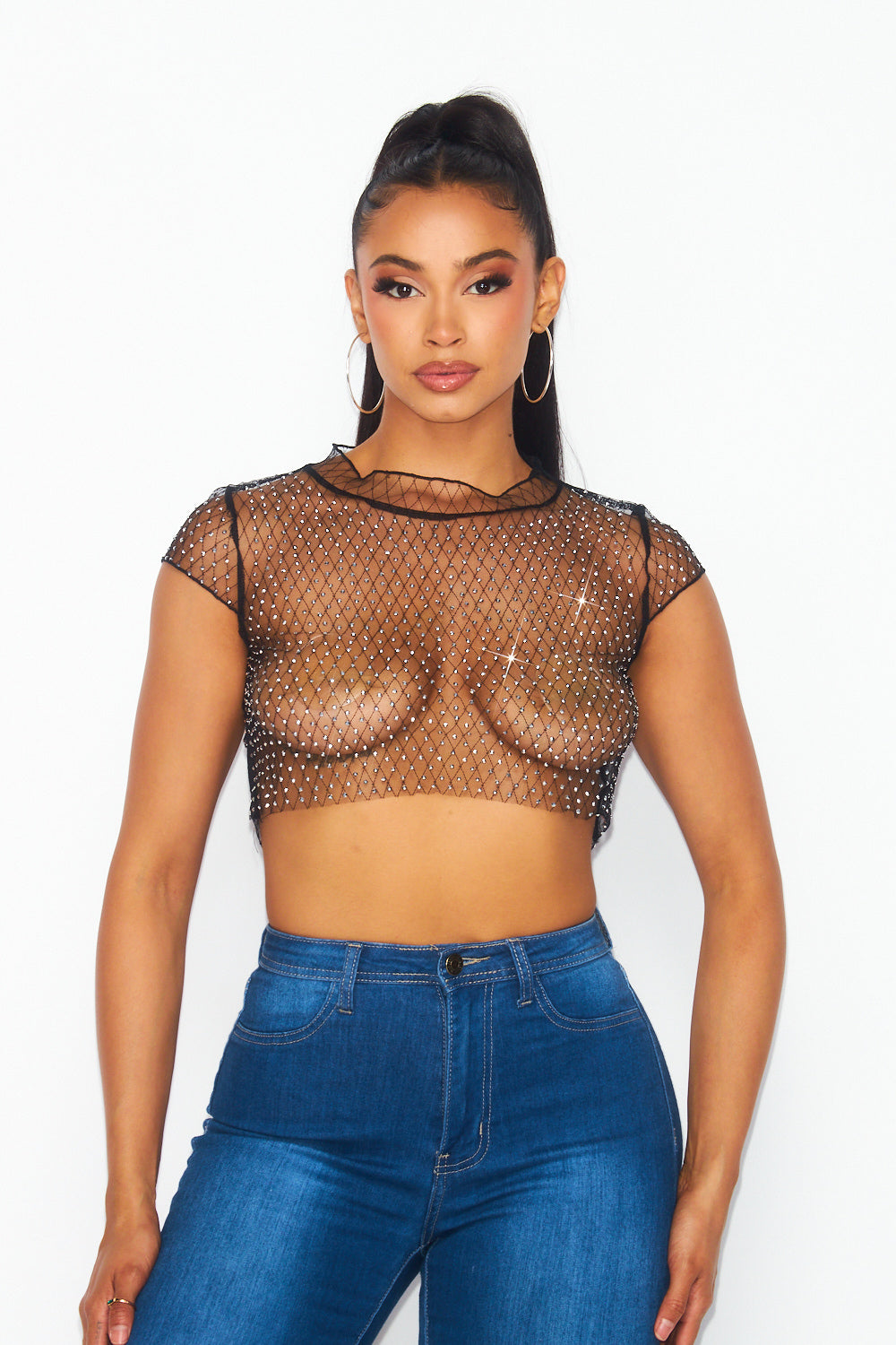 Prize Sheer Mesh and Rhinestone Cropped Shirt Top