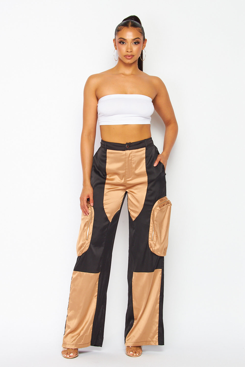 Too Perfect Satin Wide Flare Leg Color Block Pants
