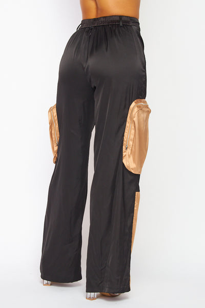 Too Perfect Satin Wide Flare Leg Color Block Pants