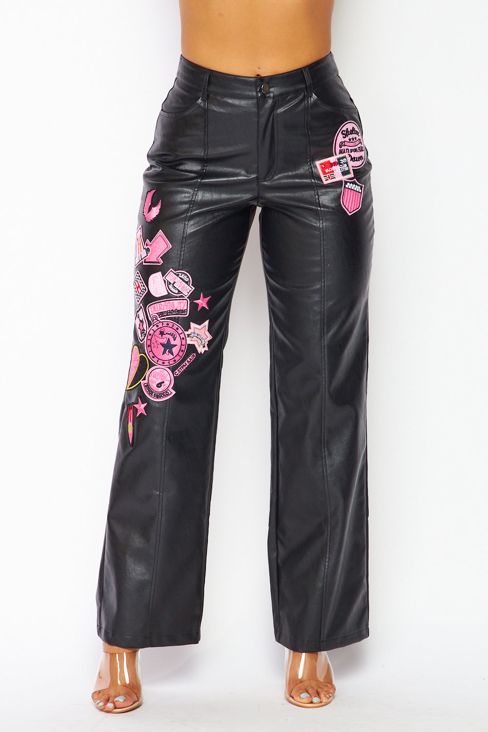 Right Time Faux Leather Straight Leg Patch Pants