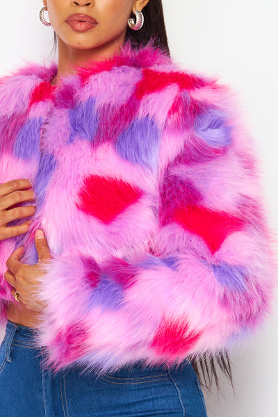 Britney Multicolor Print Faux Fur Cropped Jacket Coat
