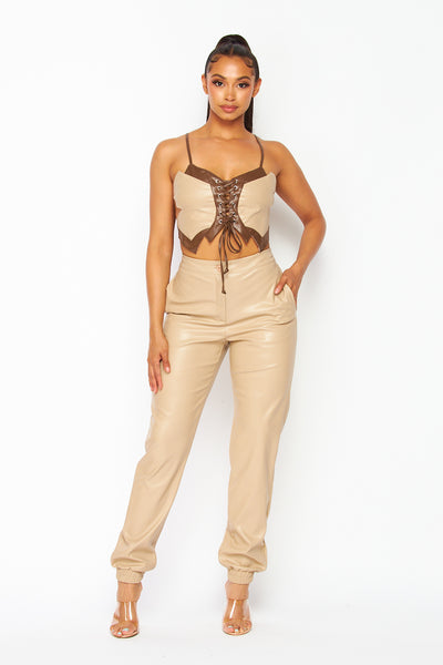 Lucky Faux Leather Two Piece Jogger Pant Set