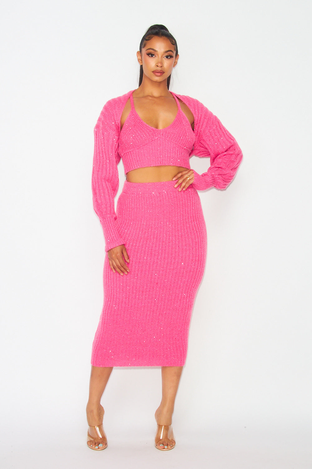 Do It All 3 Piece Sweater Knit Sequin Skirt Set