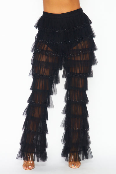 Remix Sheer Tulle Shimmer Tiered Layer Flare Pants