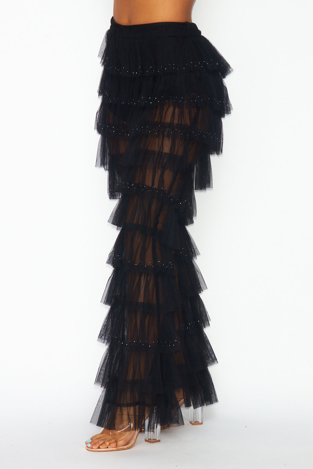 Remix Sheer Tulle Shimmer Tiered Layer Flare Pants