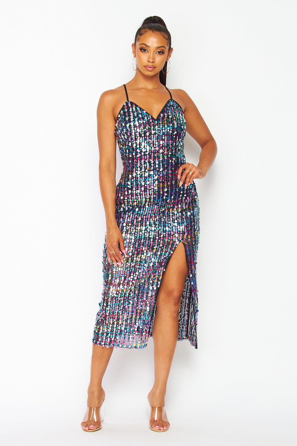 Time is Gold Sparkly Multi Color Sequin Midi Dress