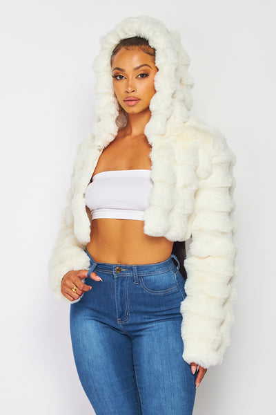 Aria Soft Plush Faux Fur Hooded Crop Jacket