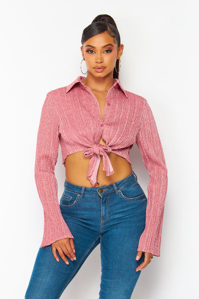 Aura Metallic Front Tie Crop Top Shirt