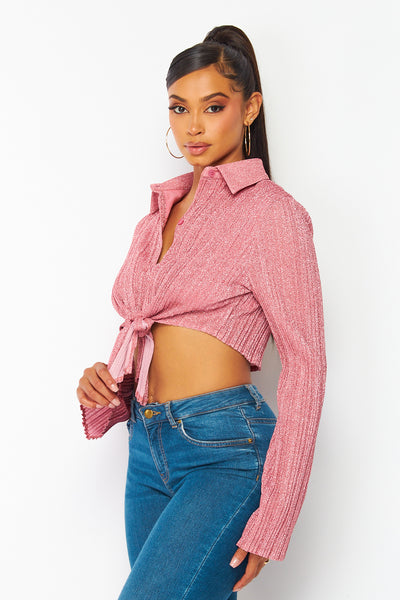 Aura Metallic Front Tie Crop Top Shirt