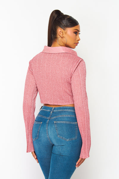 Aura Metallic Front Tie Crop Top Shirt
