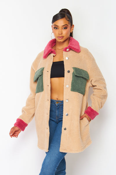 Kiara Fleece Color Block Oversized Collar Shacket