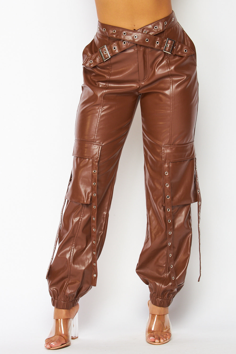 Nyomi Faux Leather Belt Cargo Pocket Jogger Pants