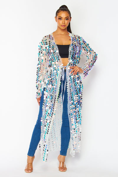 Lila Sequined Mesh Ankle Length Belted Duster Robe