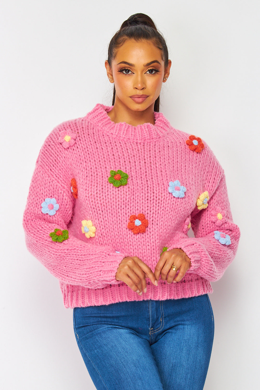 Alana Knit Mock Neck Multicolor Flower Sweater
