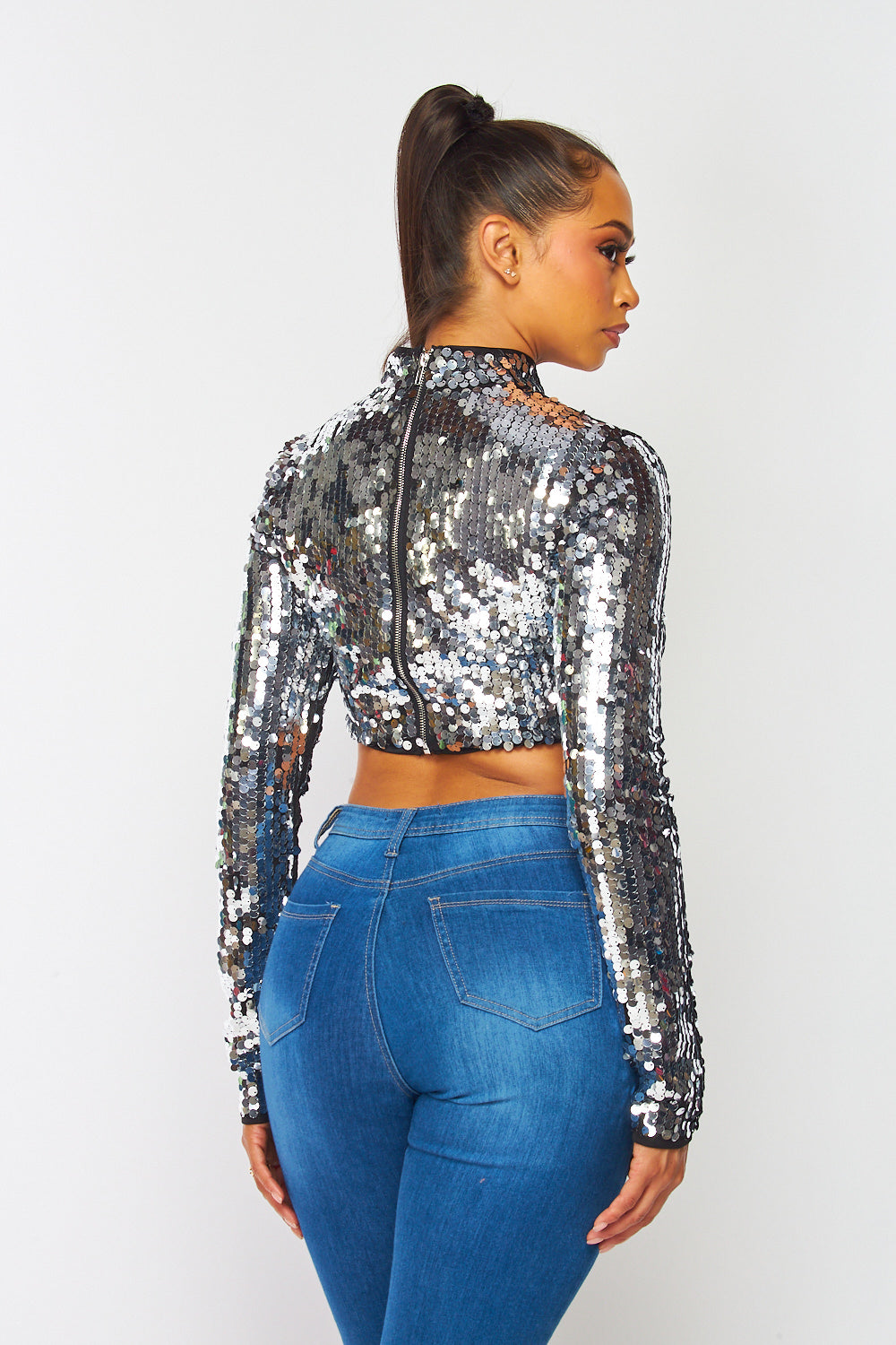 Emmy Mock Neck Sequins Long Sleeve Crop Top