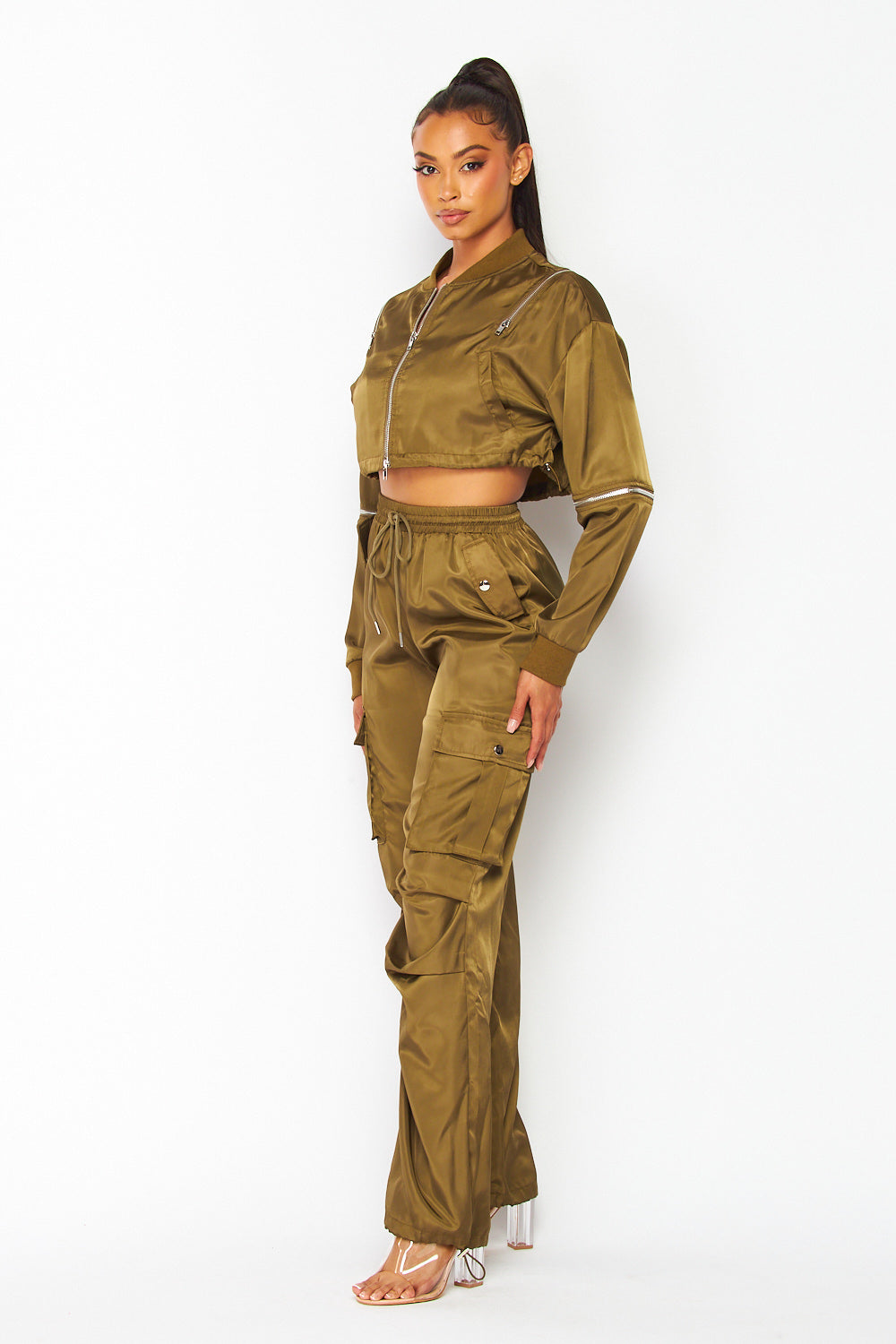 Piper Nylon Crop Bomber Jacket & Straight Pant Set