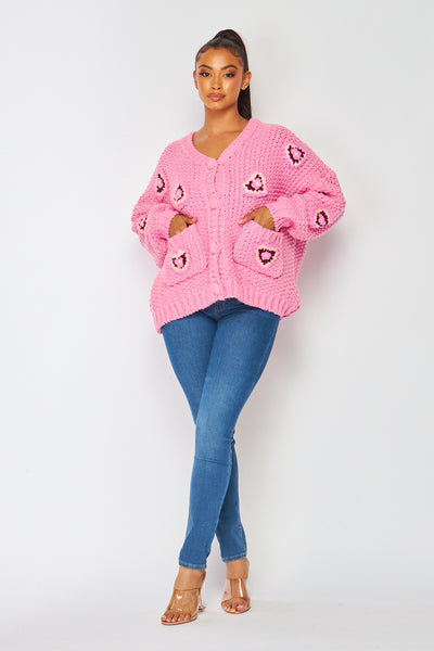 Pink Floral Heart Chunky Knit Cardigan Sweater