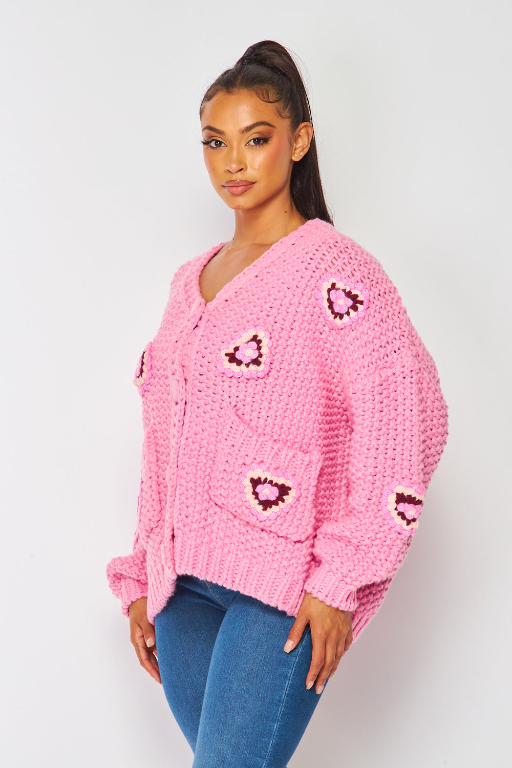 Pink Floral Heart Chunky Knit Cardigan Sweater