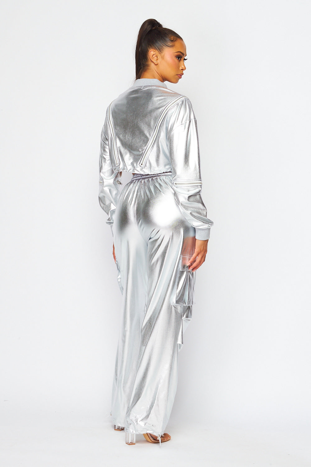 Brielle Metallic Crop Bomber Jacket & Jogger Set