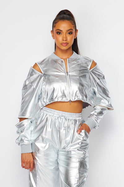 Brielle Metallic Crop Bomber Jacket & Jogger Set