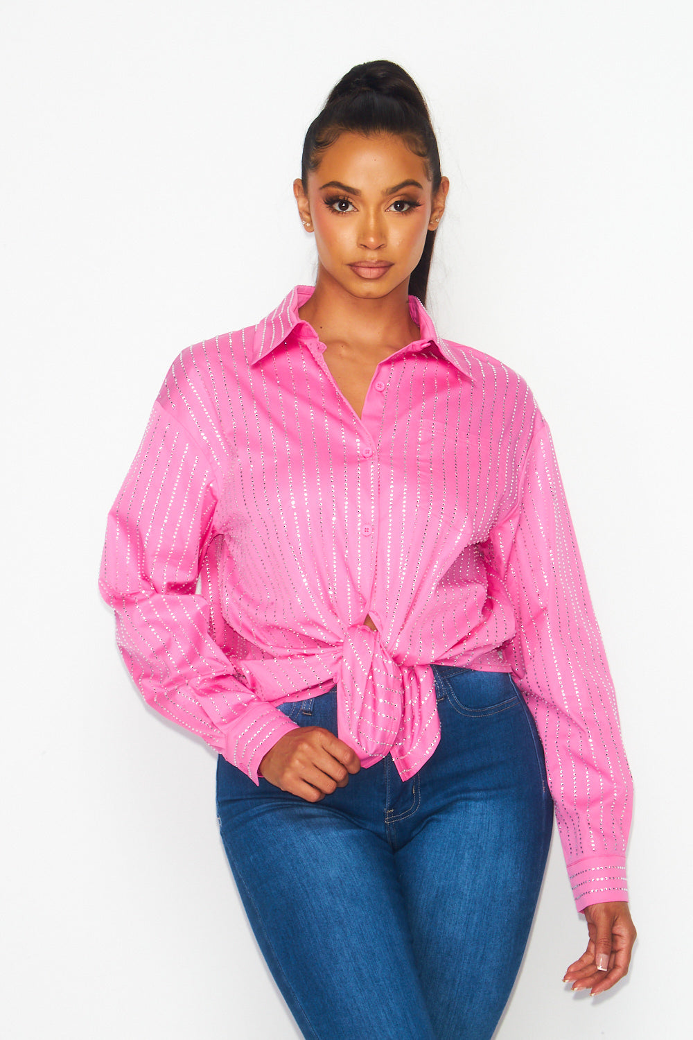 Zuly Vertical Rhinestone Cotton Button Up Shirt