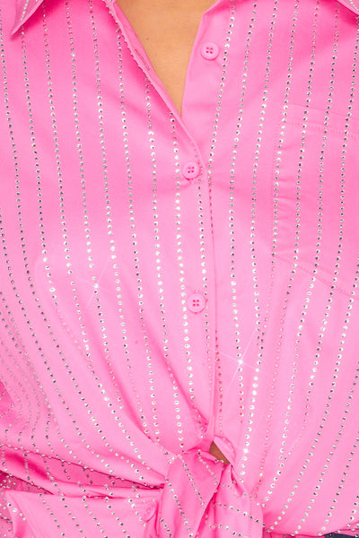 Zuly Vertical Rhinestone Cotton Button Up Shirt