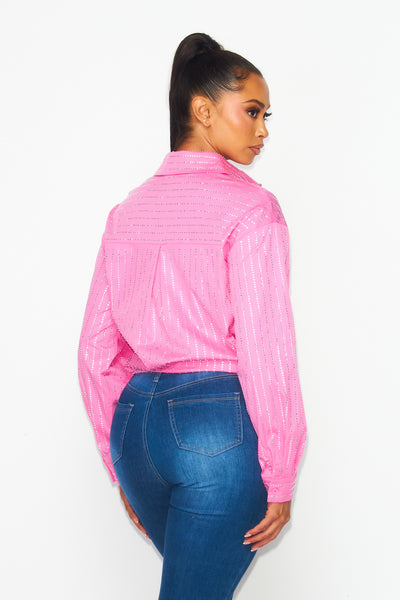 Zuly Vertical Rhinestone Cotton Button Up Shirt
