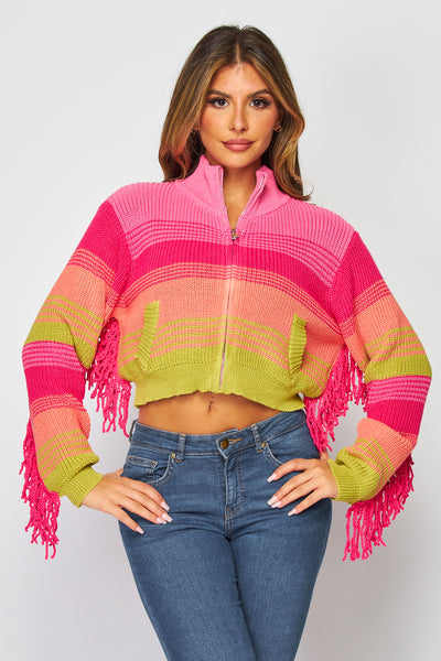 Bali Crop Colorblock Knit Zip Up Fringe Sweater