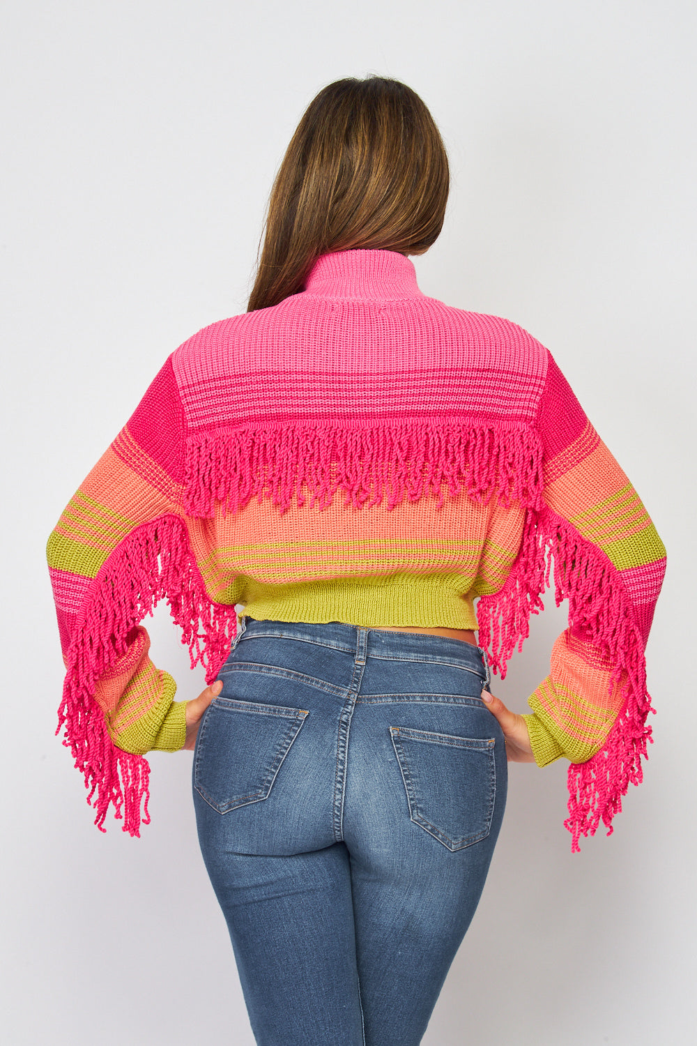 Bali Crop Colorblock Knit Zip Up Fringe Sweater