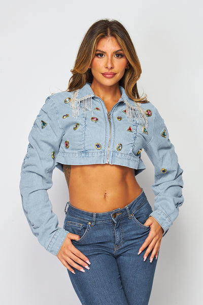 Kendall Candy Jewel Denim Ruched Crop Jacket