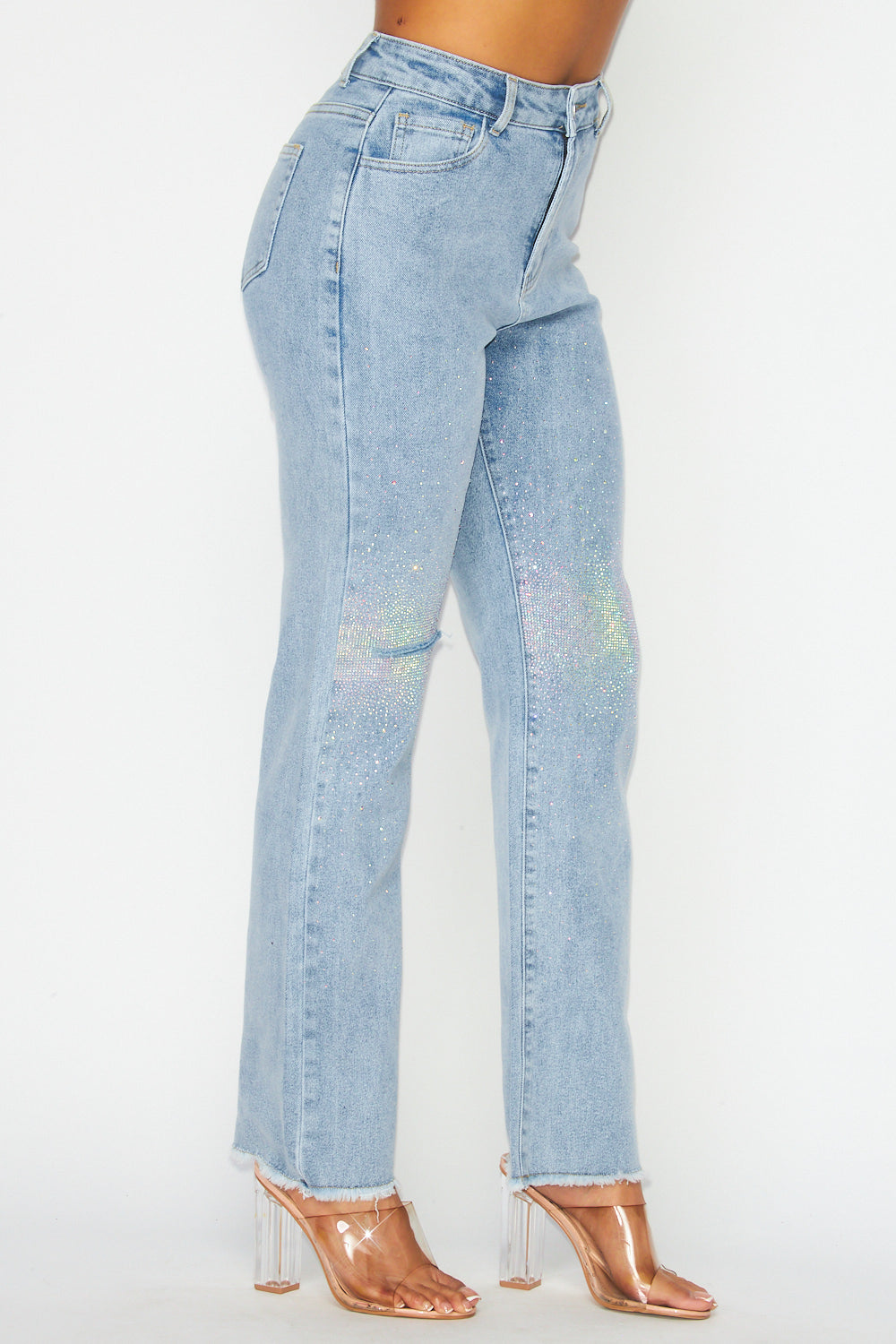 Gina Rhinestone Detail Denim Straight Jean Pants