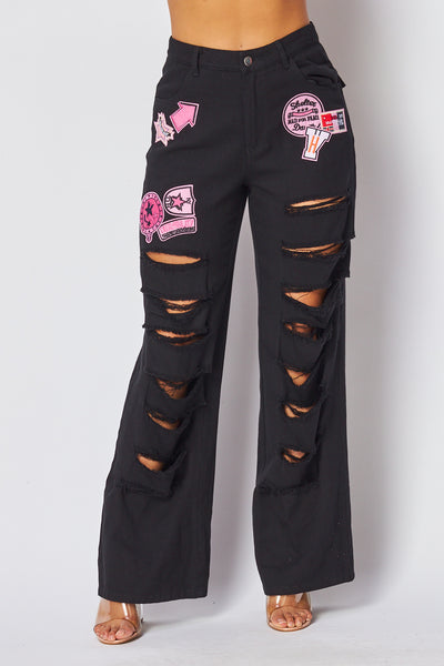 Mad Love Distressed Straight Leg Patch Pants