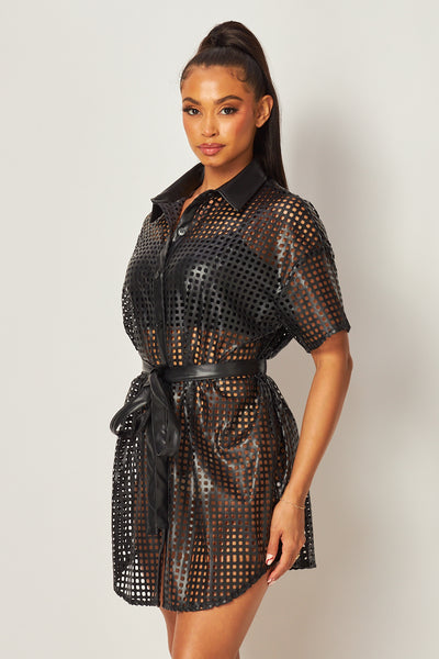 Trina Cutout Faux Leather PU Button Up Shirt Dress