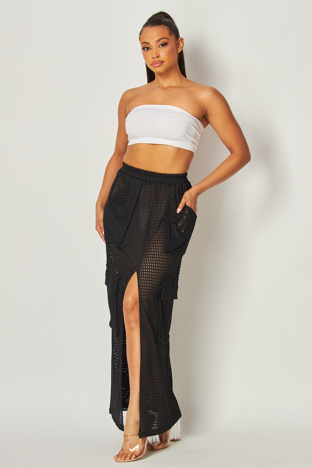 Joanna Lace Cut Out Front Slit Cargo Maxi Skirt