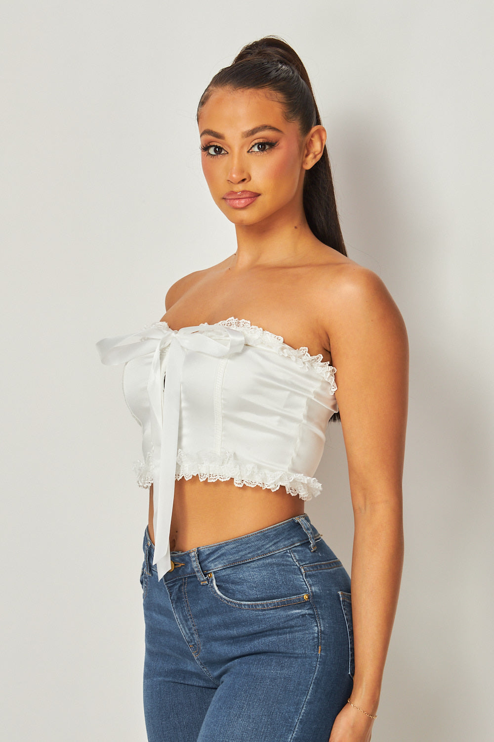 Hilary Lace Frill Trim Satin Bow Crop Tube Top