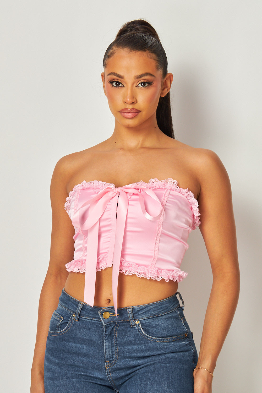 Hilary Lace Frill Trim Satin Bow Crop Tube Top