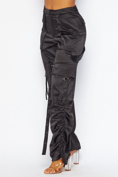 First Class Flare Wide Leg Satin Cargo Pants