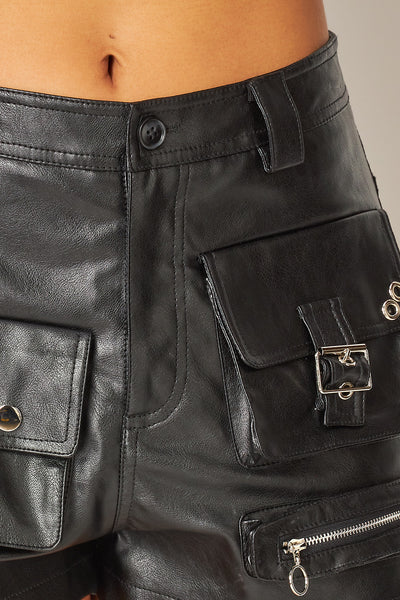 Lisa Faux Leather PU Cargo Pocket Mini Shorts