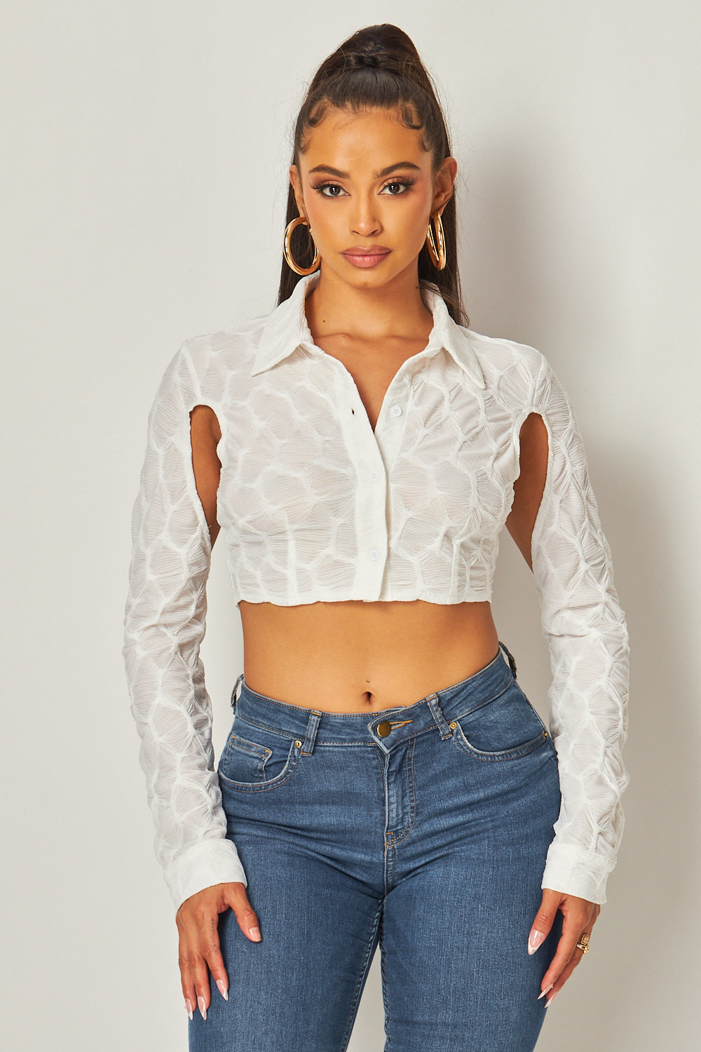 Bailey Open Armhole Textured Button Up Crop Top
