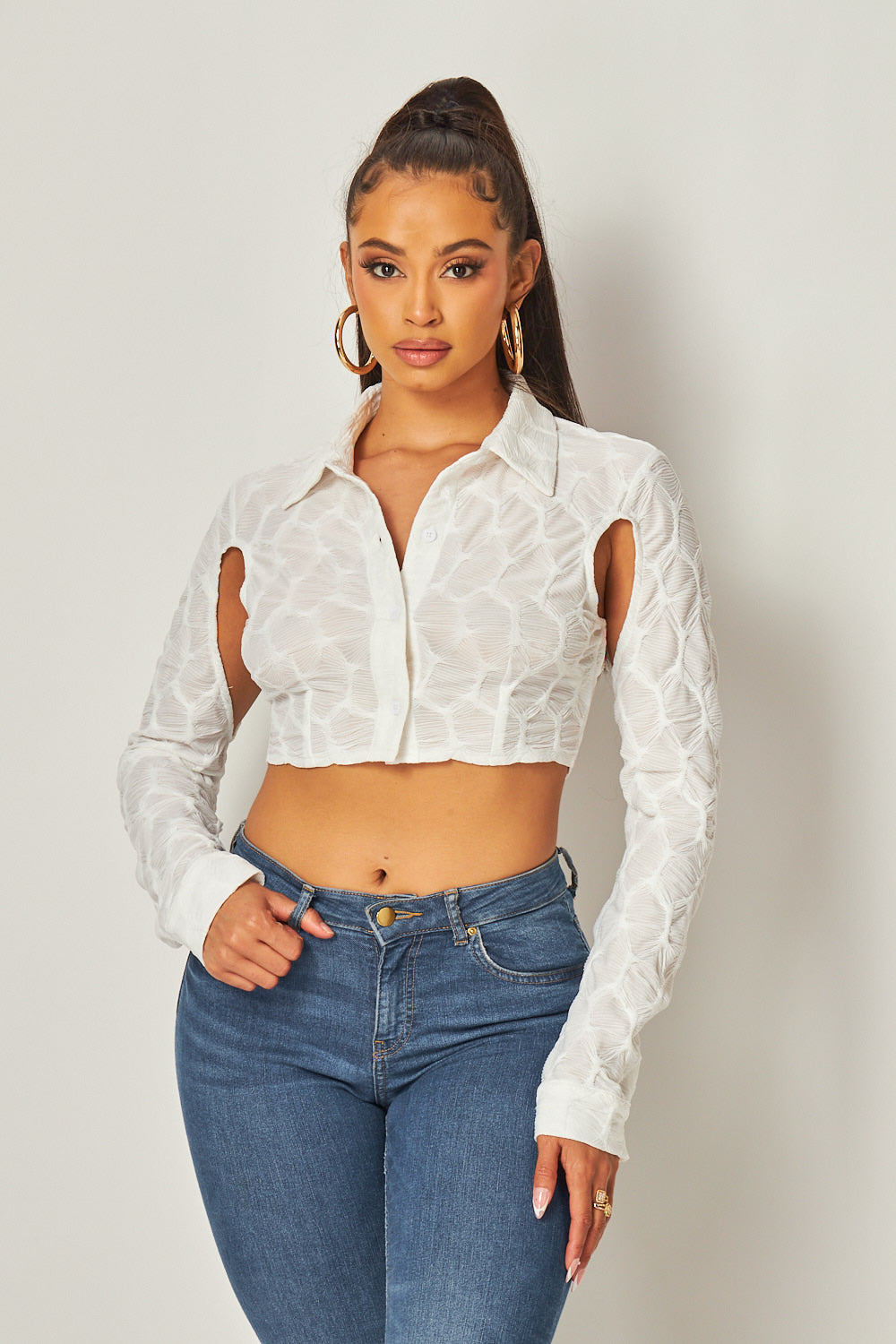 Bailey Open Armhole Textured Button Up Crop Top