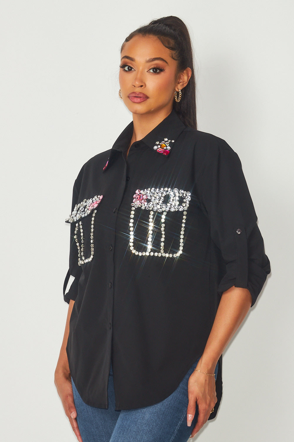 Tiana Jewel Embellished Pocket Button Up Shirt