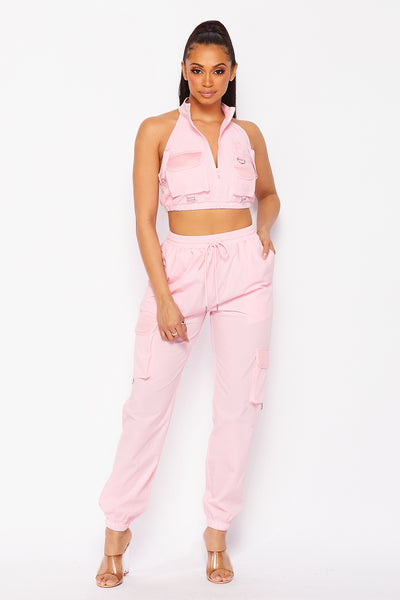 Center of Attention Two Piece Halter Jogger Set