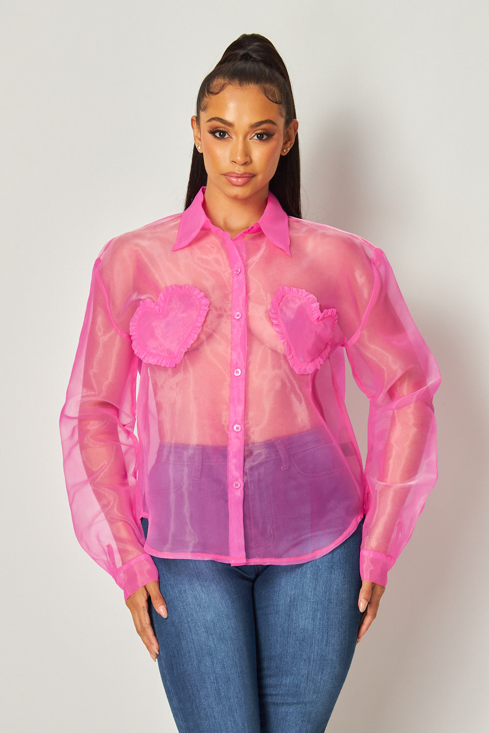 Blushing Hearts Organza Patch Button Up Shirt