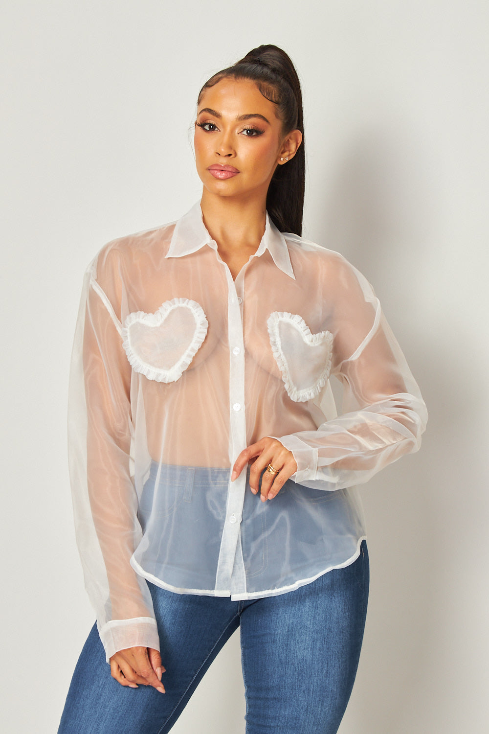 Blushing Hearts Organza Patch Button Up Shirt
