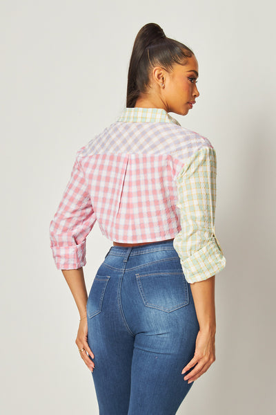 Imaan Color Block Plaid Button Up Crop Top