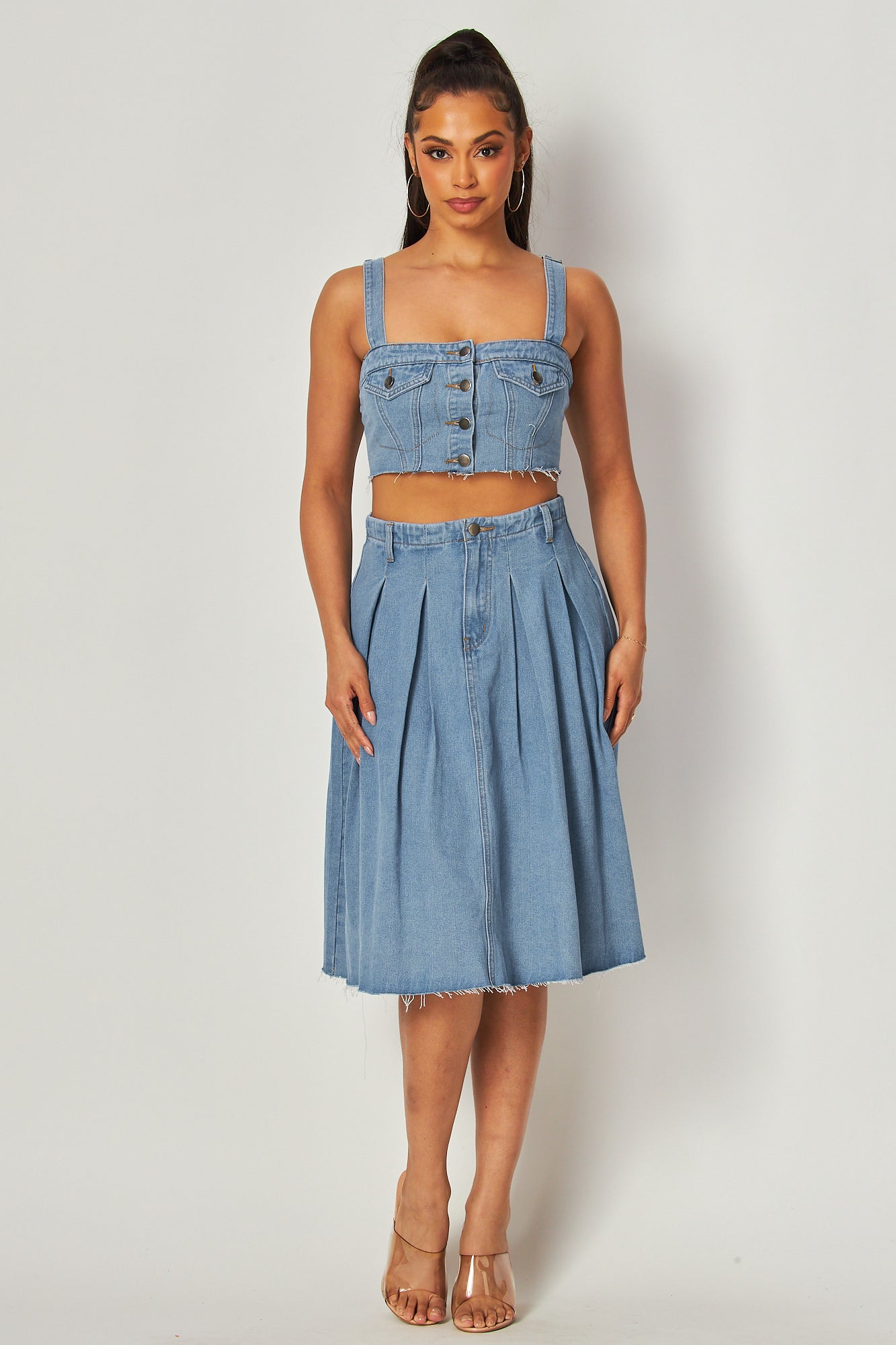 Zendaya Denim Crop Top & Flared Midi Skirt