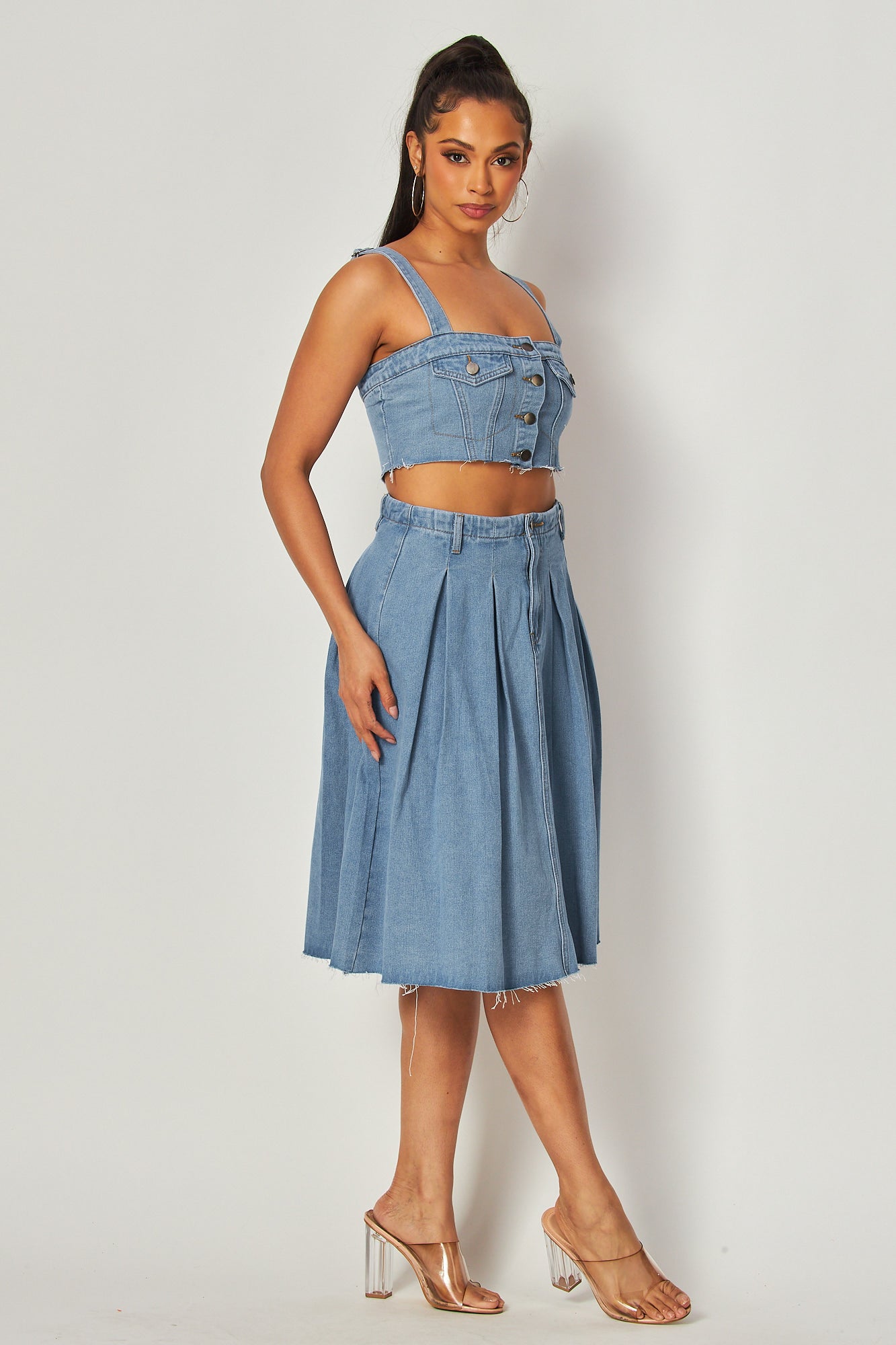 Zendaya Denim Crop Top & Flared Midi Skirt