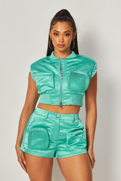 Tina Satin Crop Cap Sleeve Jacket & Shorts Set