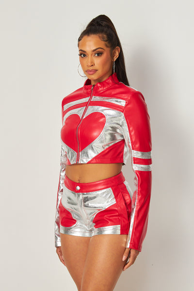 Quinn Heart Faux Leather Moto Jacket & Shorts Set
