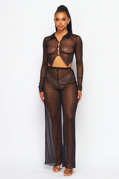 Risk Taker Sheer Mesh Two Piece Crop Top Pant Set